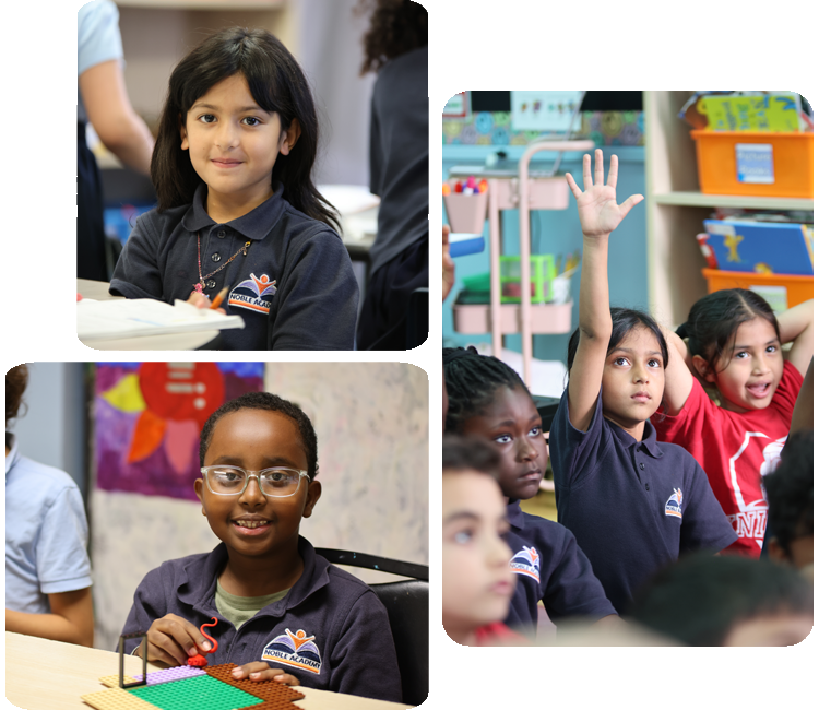 Collage showcasing various student activities including academics, science, and hands-on projects.